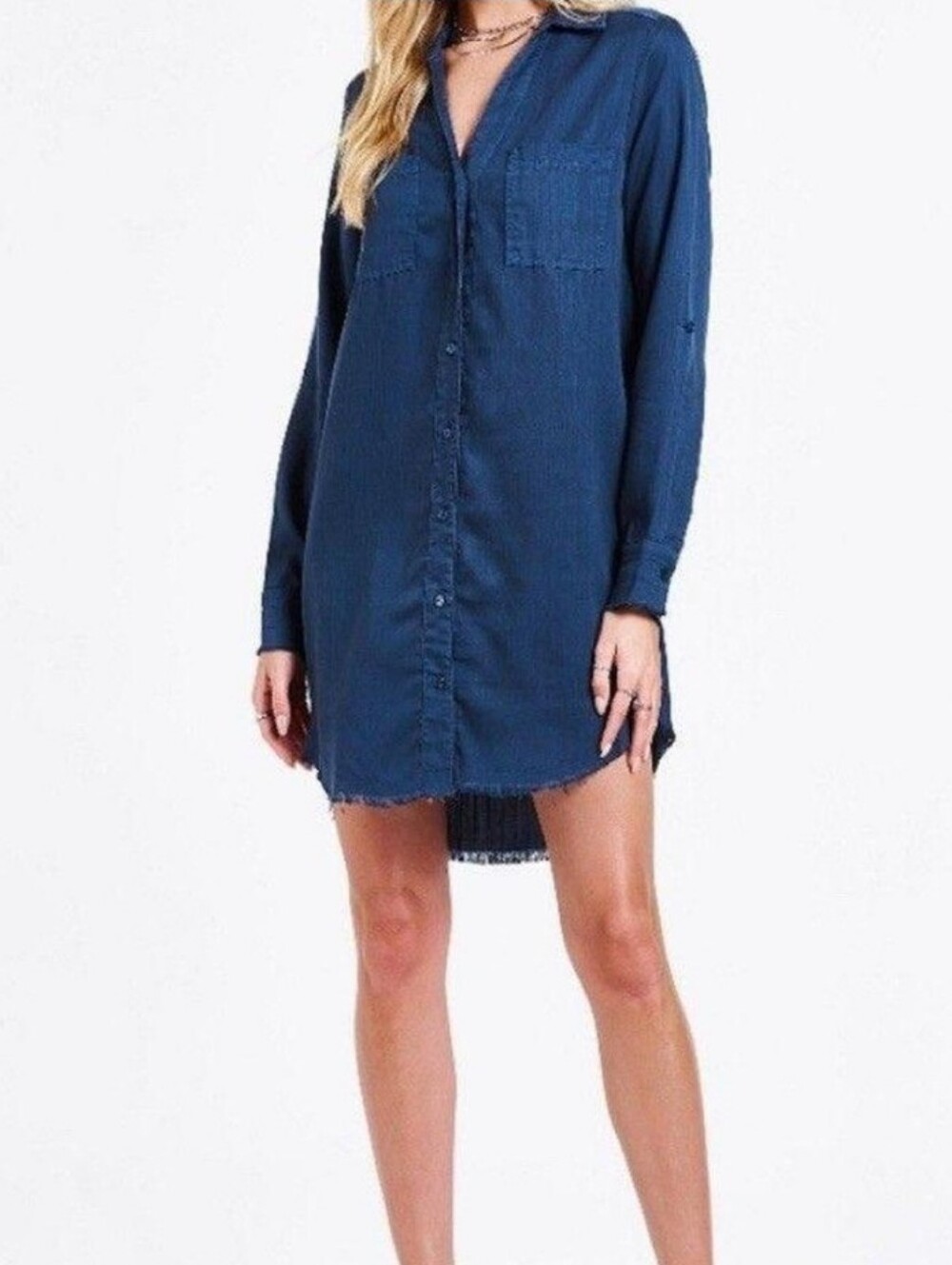 Navy Blue Button Front V Neck Shirt Dress Fringe size XL Country Western